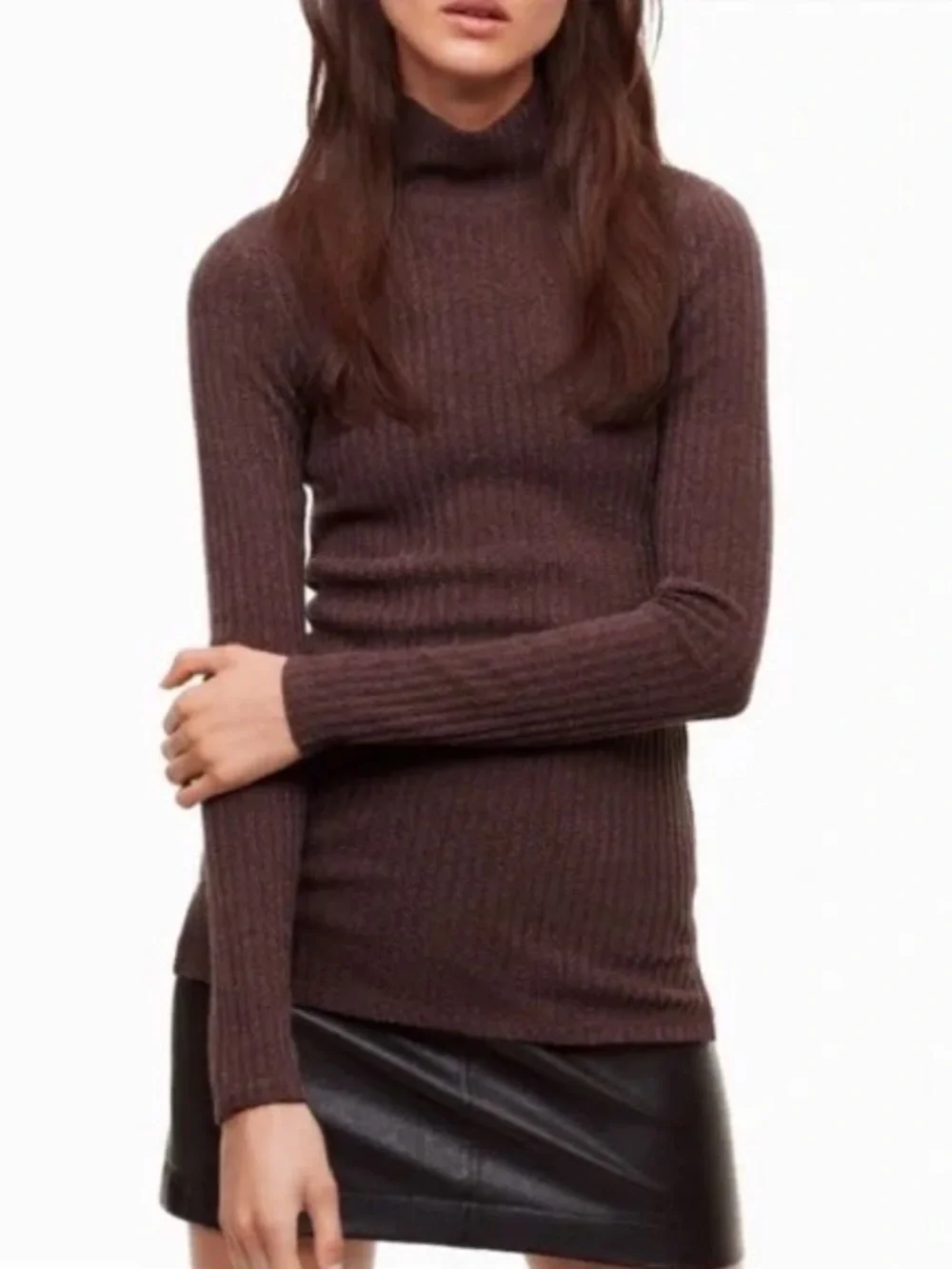 Aritzia Wilfred Free Buswell Ribbed Mock Neck Long Sleeve Top Burgundy Size XS - Picture 2 of 4